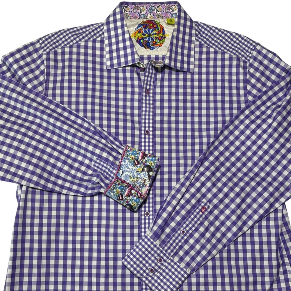 Robert Graham Gingham Button Down Shirt Mens XL Purple Alice In Wonderland Cuffs